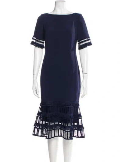 Pre-owned Lela Rose Bateau Neckline Midi Length Dress In Blue