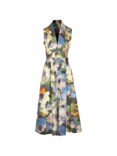 Lela Rose Belted Floral Print Dress In Blue