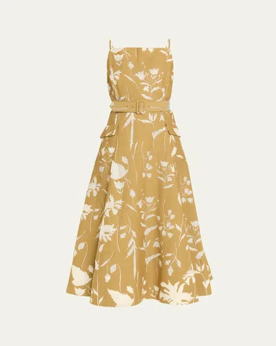 Lela Rose Belted Waist Floral Dress In Brown