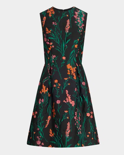 Lela Rose Betsy Floral Fil Coupe Pleated Dress In Green