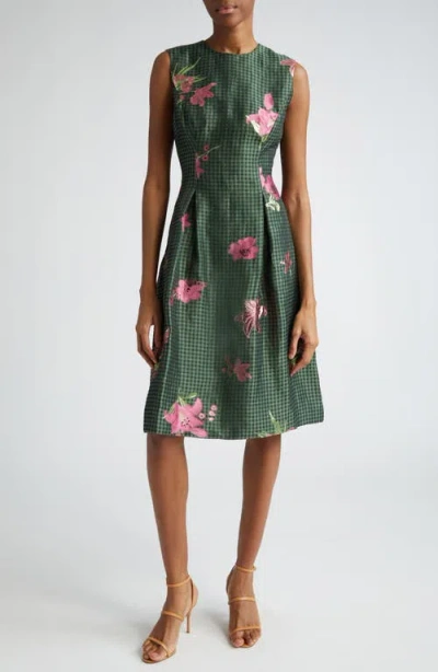 Lela Rose Betsy Metallic Floral & Gingham Jacquard Dress In Brown
