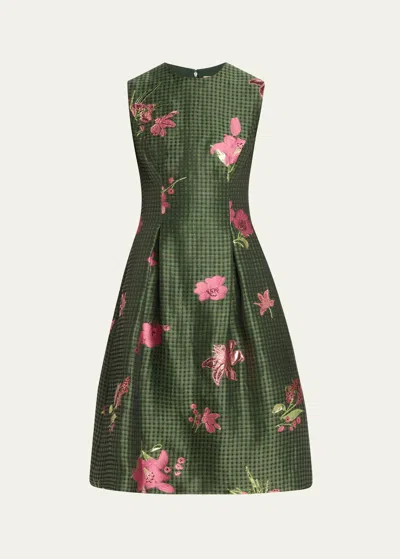 Lela Rose Betsy Metallic Floral Gingham Jacquard Sleeveless Dress In Moss