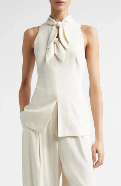 Lela Rose Bow Embellished Linen Blend Sleeveless Top In White
