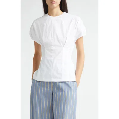 Lela Rose Bubble Sleeve Organic Cotton Poplin Blend Top In White