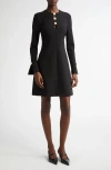 Lela Rose Button Detail Long Sleeve Dress In Black