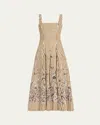 Lela Rose Caitlin Striped Floral-print Poplin Midi Dress In Walnut