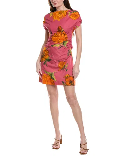 Lela Rose Floral Print Shirred Cap Sleeve Cotton Poplin Minidress In Pink
