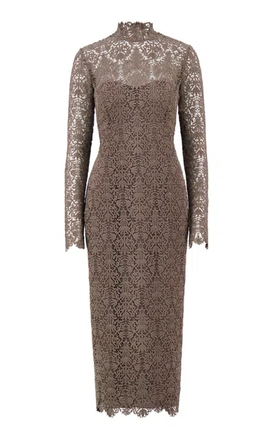 Lela Rose Chenille Lace High Neck Dress In Taupe