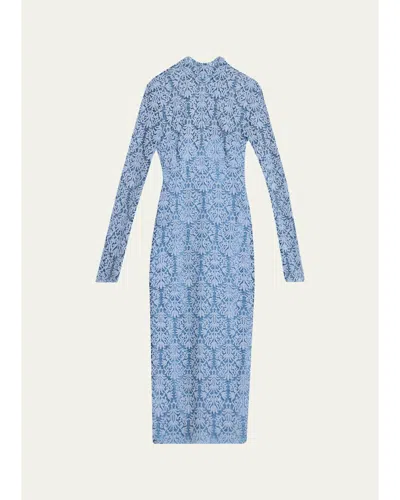 Lela Rose Chenille Lace Long-sleeve Midi Dress In Blue
