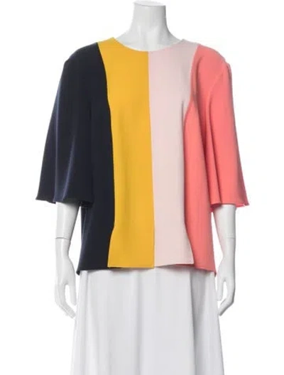 Pre-owned Lela Rose Colorblock Pattern Crew Neck Blouse In Orange