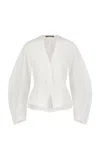 Lela Rose Cotton Poplin Button Front Peplum Top In White