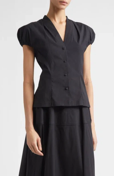 Lela Rose Cotton Poplin V-neck Button-up Shirt In Black