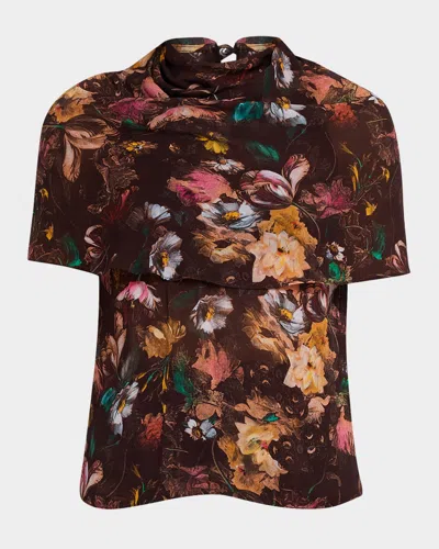 Lela Rose Cowl-neck Floral Short-sleeve Blouse In Brown