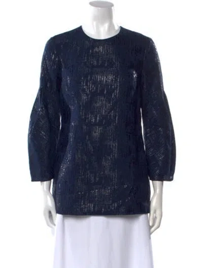 Pre-owned Lela Rose Crew Neck Three-quarter Sleeve Blouse In Blue