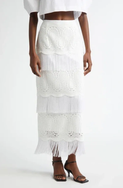 Lela Rose Crochet Lace & Fringe Pencil Skirt In Ivory