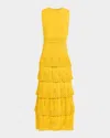 Lela Rose Crochet Ruffle Pointelle Knit Sleeveless Midi Dress In Yellow