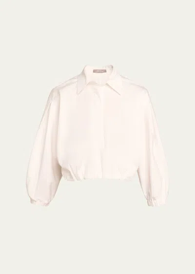 Lela Rose Cropped Elastic Button Down Blouse In White