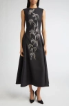 Lela Rose Crystal Embroidered Stretch Twill A-line Dress In Black