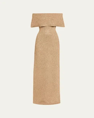 Lela Rose Deed Off-the-shoulder Sequin Knit Gown In Brown