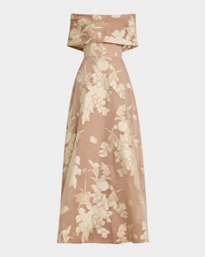Lela Rose Deedie Floral Fil Coupe Off-the-shoulder Gown In Nude