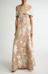 Lela Rose Deedie Floral Tapestry Off The Shoulder Jacquard Gown In Brown