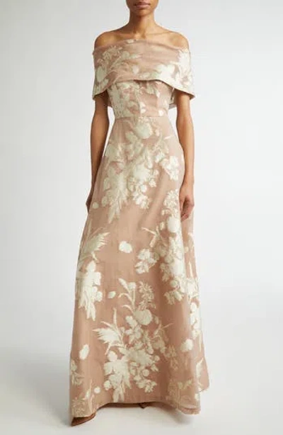 Lela Rose Deedie Floral Tapestry Off The Shoulder Jacquard Gown In Brown