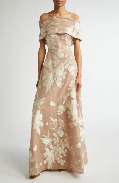 LELA ROSE LELA ROSE DEEDIE FLORAL TAPESTRY OFF THE SHOULDER JACQUARD GOWN