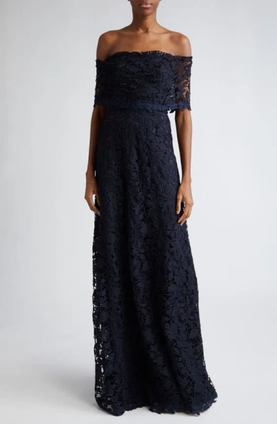 Lela Rose Deedie Floral Lace Off-the-shoulder Gown In Navy