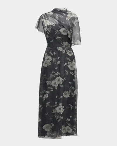 Lela Rose Draped Bodice A-line Chiffon Midi Dress In Ivory Multi