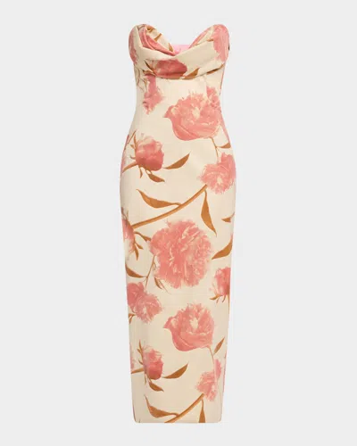 Lela Rose Peony Print Draped Cotton Strapless Dress In Pink