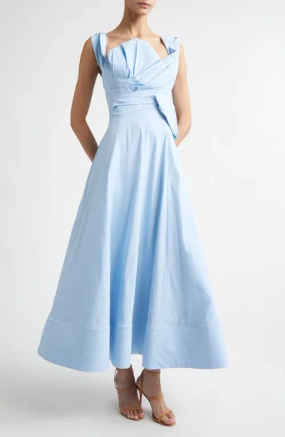 Lela Rose Draped Stretch Poplin Fit & Flare Dress In Blue