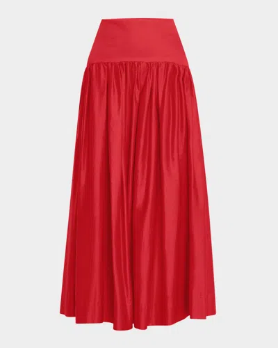 Lela Rose Drop-waist Gathered Cotton Poplin Midi Skirt In Poppy