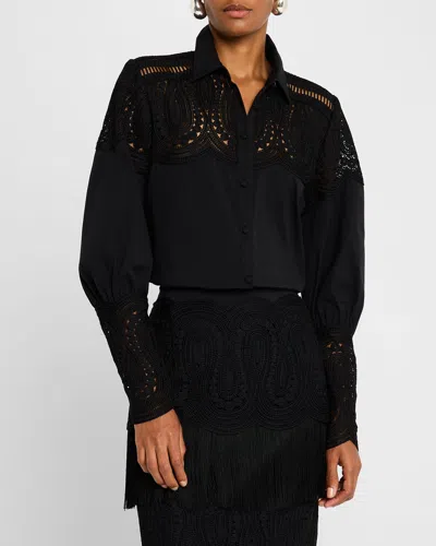Lela Rose Embroidered Button-down Top In Black