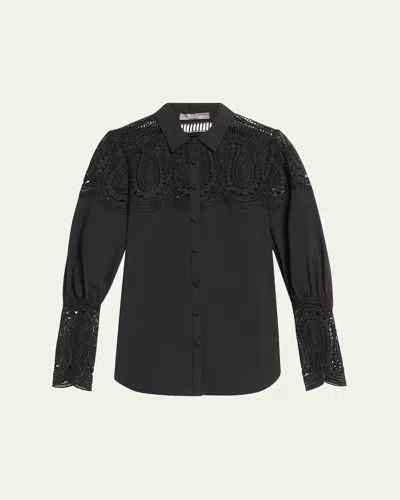 Lela Rose Embroidered Button-down Top In Black