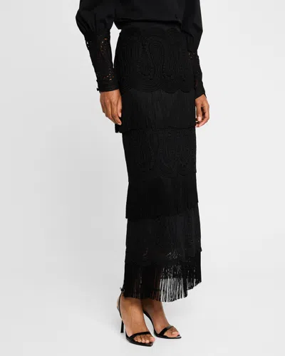 Lela Rose Embroidered Fringe Pencil Skirt In Black