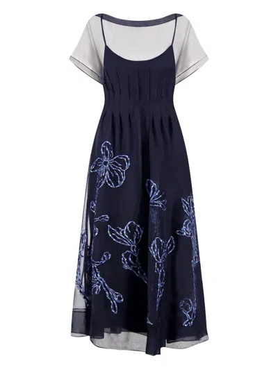 Lela Rose Embroidered Short-sleeve Maxi Dress In Blue