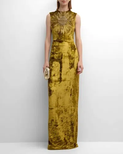 Lela Rose Embroidered Sleeveless Crushed Velvet Gown In Goldenrod In Green