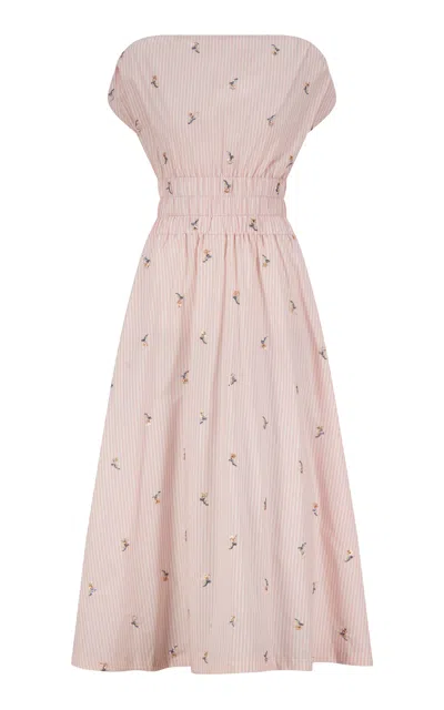 Lela Rose Embroidered Striped Cotton Midi Dress