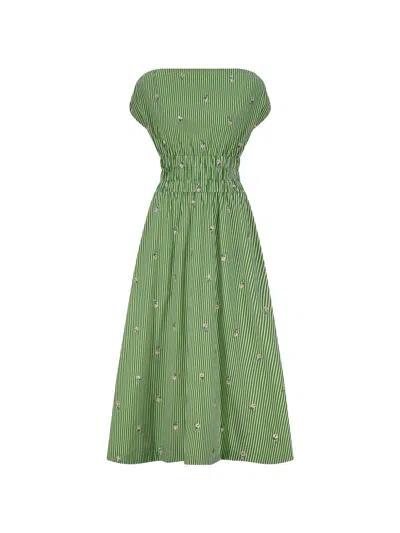 Lela Rose Embroidered Striped Midi Dress In Green