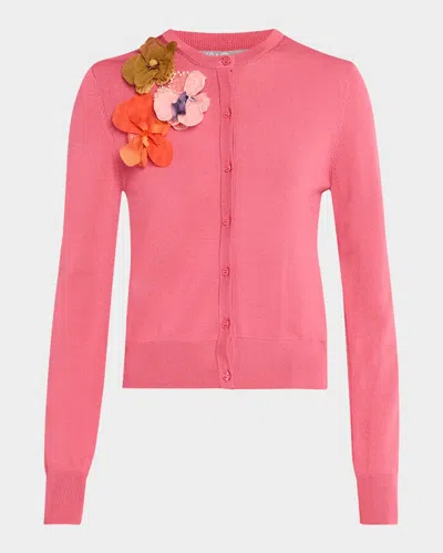 Lela Rose Floral Applique Knit Crewneck Cardigan In Pink