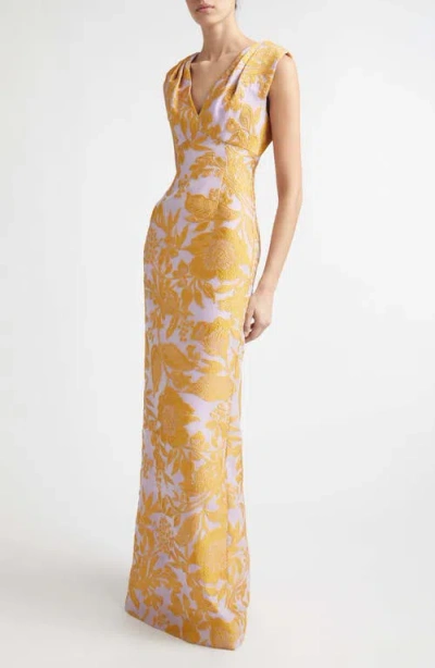 Lela Rose Floral Brocade Gown In Gold