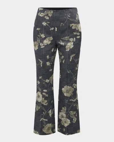 Lela Rose Floral Check-print Kickflare Ankle Pants In Ivory Multi