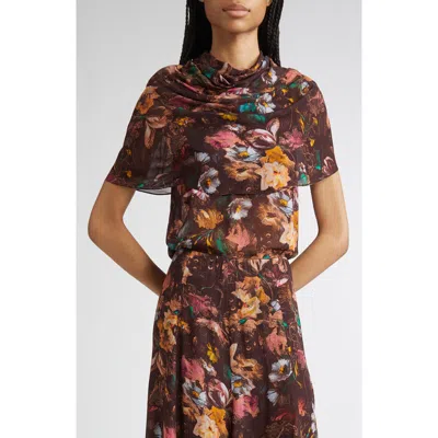 Lela Rose Floral Chiffon Cowl Neck In Brown