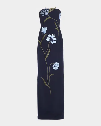 Lela Rose Floral Cord Embroidered Strapless Column Gown In Blue