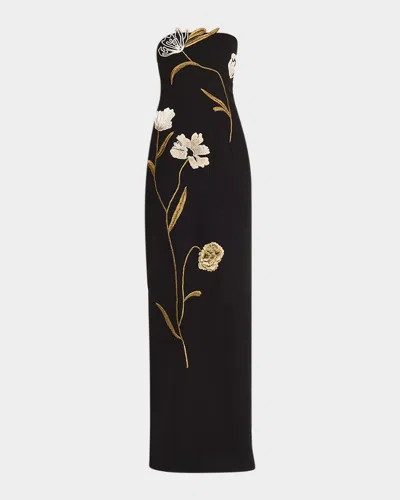 Lela Rose Floral Cord Embroidered Strapless Column Gown In Black