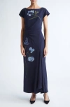 Lela Rose Floral Cord Embroidery Stretch Crepe Cascade Gown In Blue
