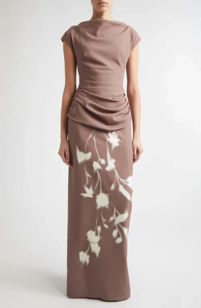 Lela Rose Floral Crepe Boat Neck Gown In Clay