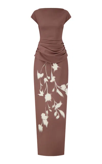 Lela Rose Floral Crepe Boat Neck Gown In Taupe
