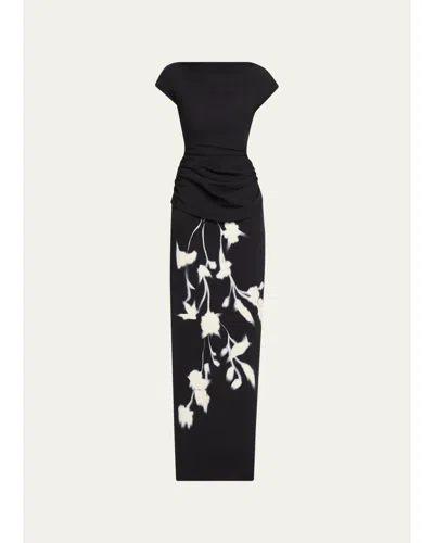 Lela Rose Floral Crepe Boat-neck Draped Column Gown In Black