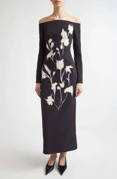 Lela Rose Floral Crepe Off The Shoulder Column Gown In Black